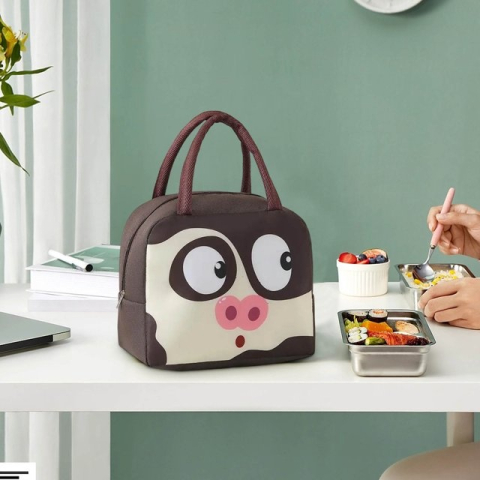 Geanta tip lunch bag, termoizolanta, pentru pranz copii, rezistenta la apa, model porc, 22 x 14 x 19 cm, maro [2]