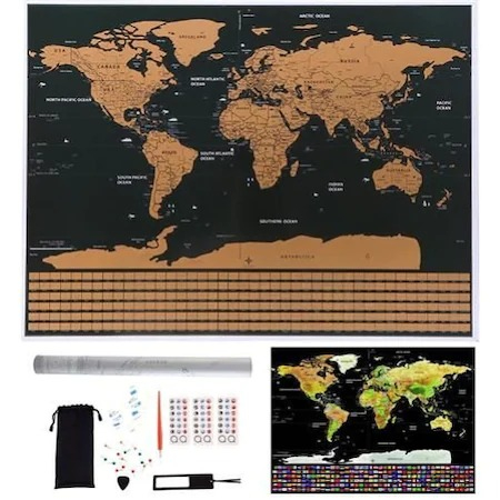Jucării Interactive - Harta razuibila a lumii,cu drapele si accesorii incluse, pentru copii si pasionati de calatorii,82x59 cm - Multicolor