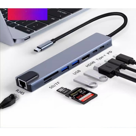 Hub adaptor multifunctional 8in1, HDMI 4K Ultra HD 30 Hz, USB 3.0, SD/TF Card Reader, 5 Gbps, RJ 45 [1]