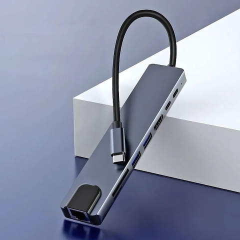 Hub adaptor multiport 8 in 1 USB-C, HDMI 4K 30Hz, Ethernet, USB 3.0, USB 2.0, Power Delivery 87W, cititor SD si MicroSD, aluminiu, gri [7]