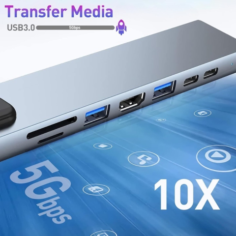 Hub adaptor multiport 8 in 1 USB-C, HDMI 4K 30Hz, Ethernet, USB 3.0, USB 2.0, Power Delivery 87W, cititor SD si MicroSD, aluminiu, gri [6]