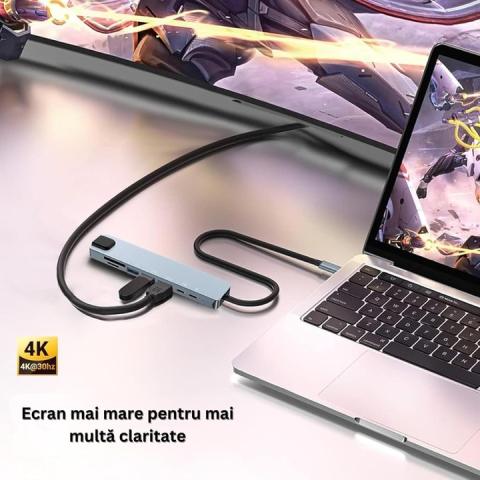 Hub adaptor multiport 8 in 1 USB-C, HDMI 4K 30Hz, Ethernet, USB 3.0, USB 2.0, Power Delivery 87W, cititor SD si MicroSD, aluminiu, gri [3]