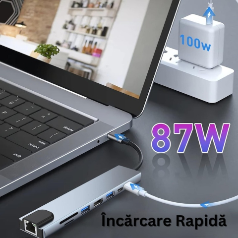 Hub adaptor multiport 8 in 1 USB-C, HDMI 4K 30Hz, Ethernet, USB 3.0, USB 2.0, Power Delivery 87W, cititor SD si MicroSD, aluminiu, gri [2]