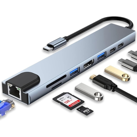 Diverse - Hub adaptor multiport 8 in 1 USB-C, HDMI 4K 30Hz, Ethernet, USB 3.0, USB 2.0, Power Delivery 87W, cititor SD si MicroSD, aluminiu, gri