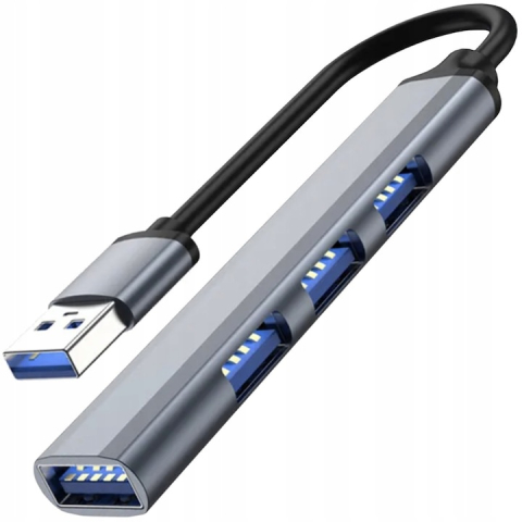 Hub pentru transfer date cu 4 porturi USB 3.0 si 2.0, carcasa din aluminiu, gri, compact, 9 x 1.7 x 0.9 cm