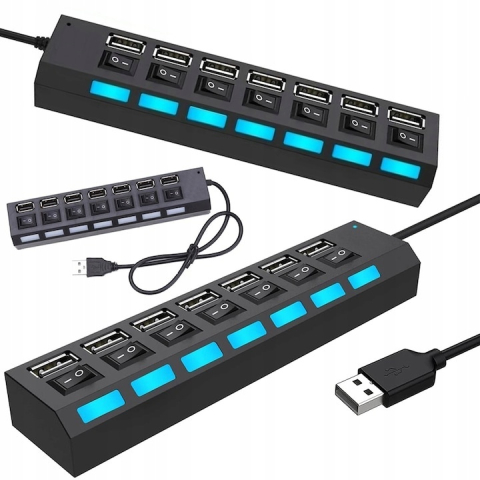 Hub USB 2.0 cu 7 porturi, comutatoare individuale ON/OFF, lungime cablu 41 cm, viteza 480 Mbps, negru, 16.5x3.5x2.1 cm [5]