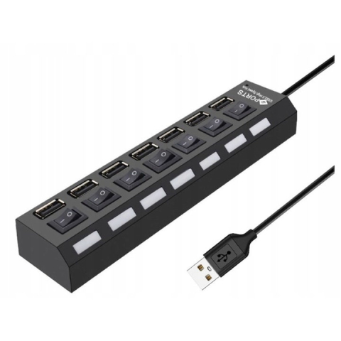 Diverse - Hub USB 2.0 cu 7 porturi, comutatoare individuale ON/OFF, lungime cablu 41 cm, viteza 480 Mbps, negru, 16.5x3.5x2.1 cm