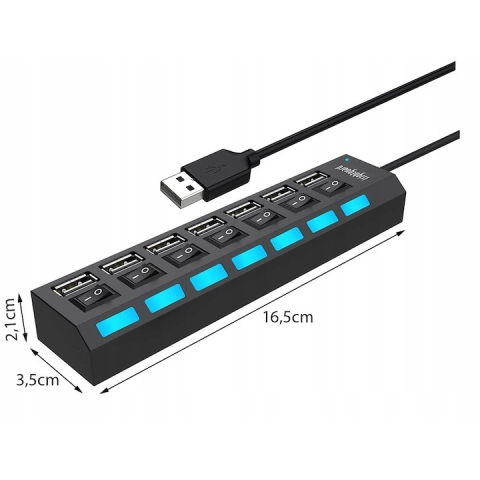 Hub USB 2.0 cu 7 porturi, comutatoare individuale ON/OFF, lungime cablu 41 cm, viteza 480 Mbps, negru, 16.5x3.5x2.1 cm [1]