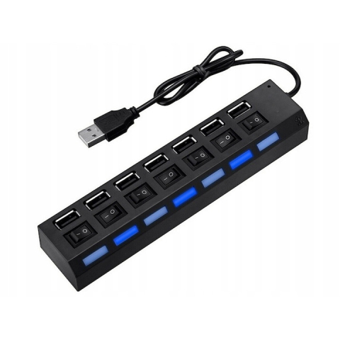 Hub USB 2.0 cu 7 porturi, comutatoare individuale ON/OFF, lungime cablu 41 cm, viteza 480 Mbps, negru, 16.5x3.5x2.1 cm [2]