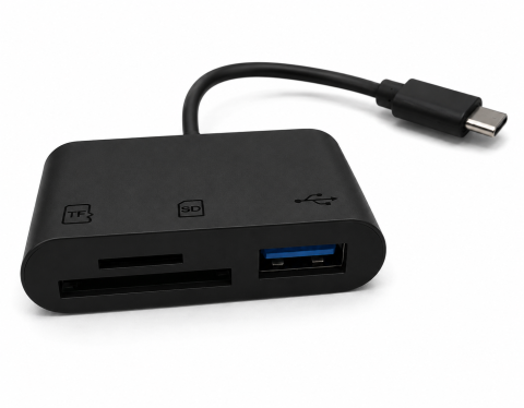Hub USB-C negru 3 in 1 cu USB 3.0, cititor card SD si TF microSD, adaptor Type-C pentru laptop, tableta, telefon si transfer date [1]