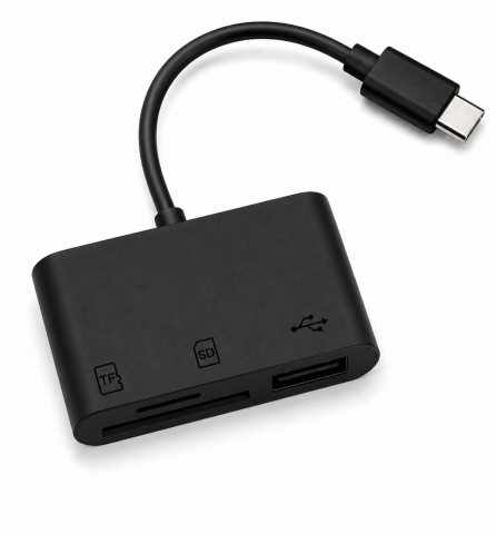 ELECTRONICE - Hub USB-C negru 3 in 1 cu USB 3.0, cititor card SD si TF microSD, adaptor Type-C pentru laptop, tableta, telefon si transfer date