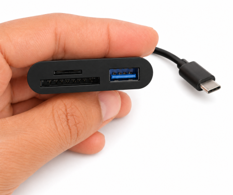Hub USB-C negru 3 in 1 cu USB 3.0, cititor card SD si TF microSD, adaptor Type-C pentru laptop, tableta, telefon si transfer date [2]