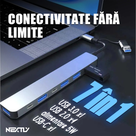 Hub USB tip C 7 porturi, adaptor USB A inclus, 4 porturi USB 2.0, 1 port USB 3.0, 2 porturi USB C PD, aluminiu gri metalizat, Dactylion® [3]