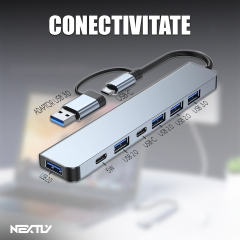 Hub USB tip C 7 porturi, adaptor USB A inclus, 4 porturi USB 2.0, 1 port USB 3.0, 2 porturi USB C PD, aluminiu gri metalizat, Dactylion® [2]