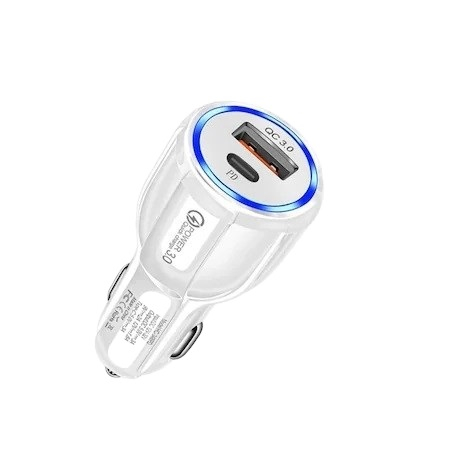 Accesorii auto telefoane - Incarcator bricheta auto 12V, 1x USB, 1x type C 3.0 cu incarcare rapida - Alb