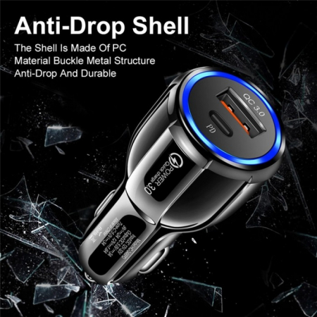 Incarcator bricheta auto 12V, 1x USB, 1x type C 3.0 cu incarcare rapida - Negru [1]