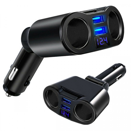 Încărcătoare auto - Incarcator auto splitter bricheta/2 x USB cu Led si afisaj Negru