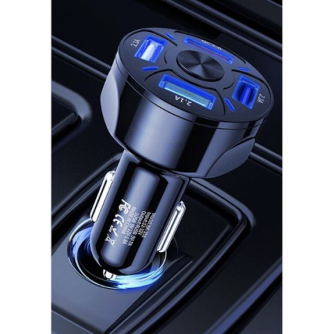 Incarcator auto universal cu 4 porturi USB (3 x 2.1A + 1 x 3.0 QC), cablu 3 in 1 cu mufe USB-C, MicroUSB si Lightning, 12–32V, negru [4]