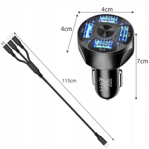 Incarcator auto universal cu 4 porturi USB (3 x 2.1A + 1 x 3.0 QC), cablu 3 in 1 cu mufe USB-C, MicroUSB si Lightning, 12–32V, negru [5]