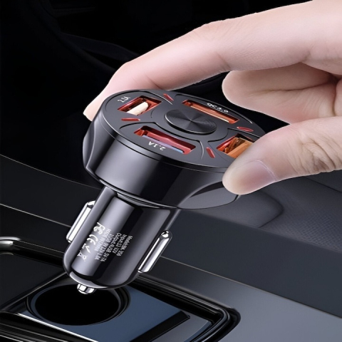 Incarcator auto USB cu 4 porturi + cablu 3 in 1 Micro USB / iPhone / USB Type-C, incarcare rapida, compact, 3A, 12-32V, negru [2]