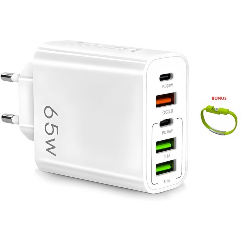 Incarcatoare telefoane - Incarcator de priza, 65W, incarcare rapida 3.1A, 2x type C, 3x USB A + bratara tip USB - Alb