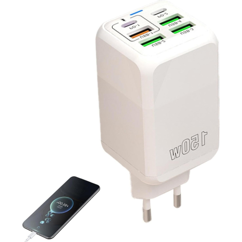 ELECTRONICE - Incarcator multifunctional cu 6 porturi, 2 Type-C PD si 4 USB, putere totala 150 W, incarcare rapida
