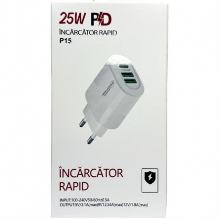Incarcatoare telefoane - Incarcator priza 25W,incarcare rapida, 2x USB, 1x USB C - Alb