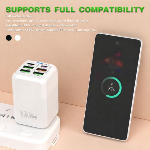Incarcator retea 150W USB-C si USB-A 6 porturi fast charge cu display LED universal telefon laptop alb compact [3]