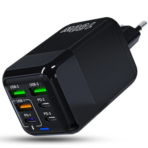 ELECTRONICE - Incarcator retea 150W USB-C si USB-A 6 porturi fast charge cu display LED universal telefon laptop negru compact