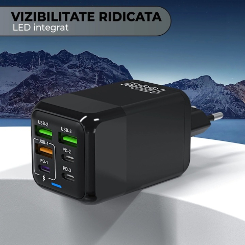 Incarcator retea 150W USB-C si USB-A 6 porturi fast charge cu display LED universal telefon laptop negru compact [6]