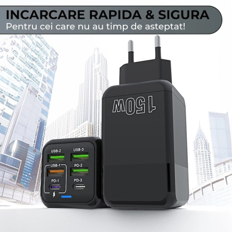 Incarcator retea 150W USB-C si USB-A 6 porturi fast charge cu display LED universal telefon laptop negru compact [2]