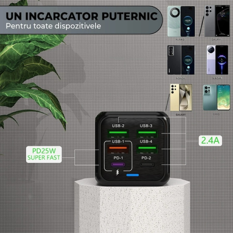 Incarcator retea 150W USB-C si USB-A 6 porturi fast charge cu display LED universal telefon laptop negru compact [5]