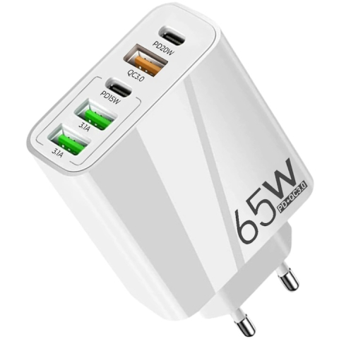 Incarcator retea 65W USB-C si USB-A 5 porturi fast charge PD QC universal telefon laptop alb compact