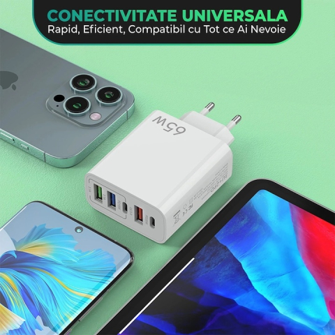 Incarcator retea 65W USB-C si USB-A 5 porturi fast charge PD QC universal telefon laptop alb compact [4]
