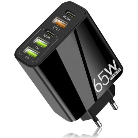 Incarcatoare telefoane - Incarcator retea 65W USB-C si USB-A 5 porturi fast charge PD QC universal telefon smartwatch negru compact