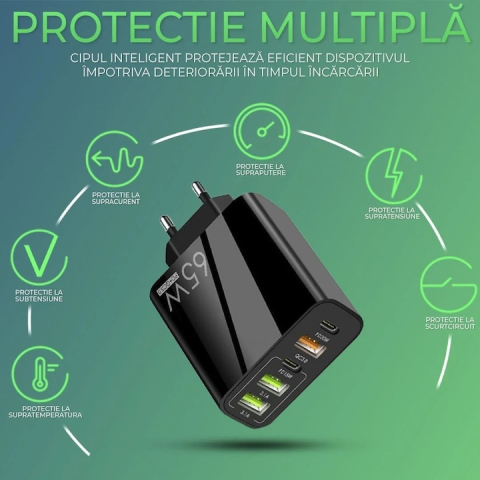 Incarcator retea 65W USB-C si USB-A 5 porturi fast charge PD QC universal telefon smartwatch negru compact [4]