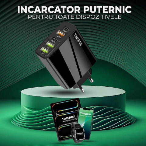 Incarcator retea 65W USB-C si USB-A 5 porturi fast charge PD QC universal telefon smartwatch negru compact [5]