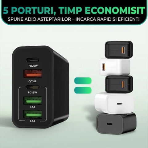Incarcator retea 65W USB-C si USB-A 5 porturi fast charge PD QC universal telefon smartwatch negru compact [6]