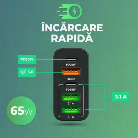 Incarcator retea 65W USB-C si USB-A 5 porturi fast charge PD QC universal telefon smartwatch negru compact [1]