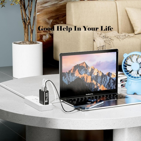 Incarcator retea multiport, fast charge 65W, 5 iesiri (3x USB + 2x USB-C), protectie la supraincalzire, compact si portabil, universal, negru [5]