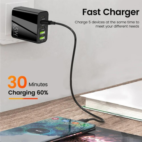 Incarcator retea multiport, fast charge 65W, 5 iesiri (3x USB + 2x USB-C), protectie la supraincalzire, compact si portabil, universal, negru [7]