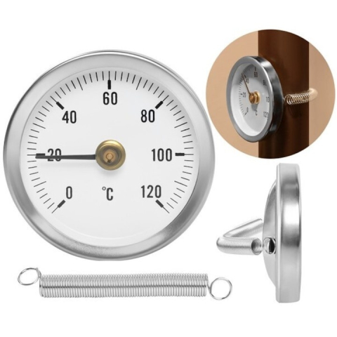 ELECTRONICE - Indicator analogic de temperatura pentru conducte, fixare cu arc, scala 0-120°C, cadran 6.3 cm, argintiu