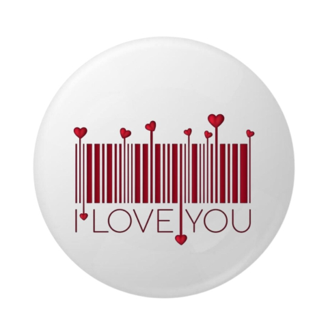 Insigna metalica 58 mm, model Love You cod de bare cu inimioare rosii, sistem prindere cu ac