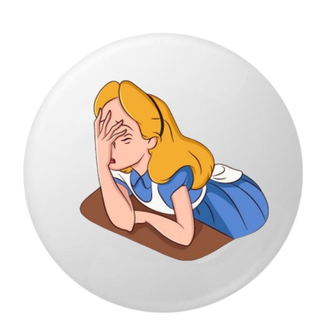 PAPETARIE & BIROTICA - Insigna metalica rotunda 58 mm cu ilustratie personaj feminin stil animatie clasica, model expresiv vintage