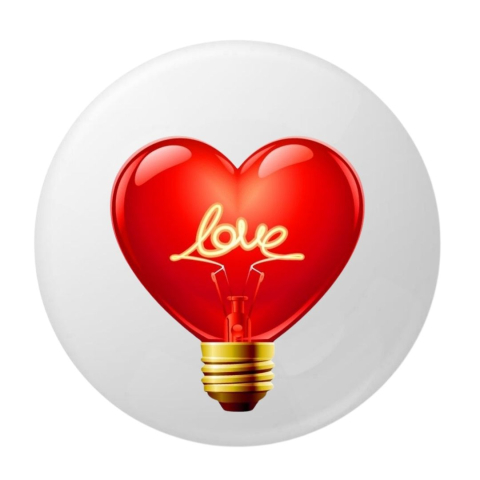 PAPETARIE & BIROTICA - Insigna metalica rotunda 58 mm, model bec in forma de inima cu text Love, sistem prindere ac siguranta