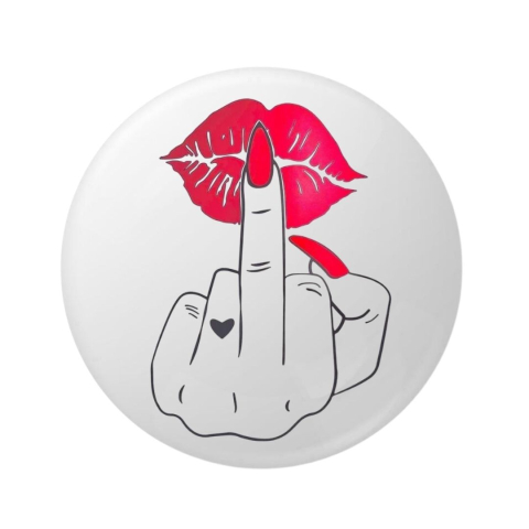 Insigna metalica rotunda 58 mm model ilustratie grafica stil sketch alb-negru cu accente rosii