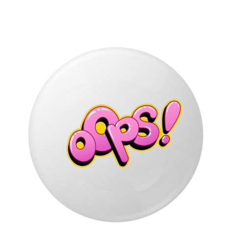 Insigna metalica rotunda 58 mm model Oops cu text roz stil comic