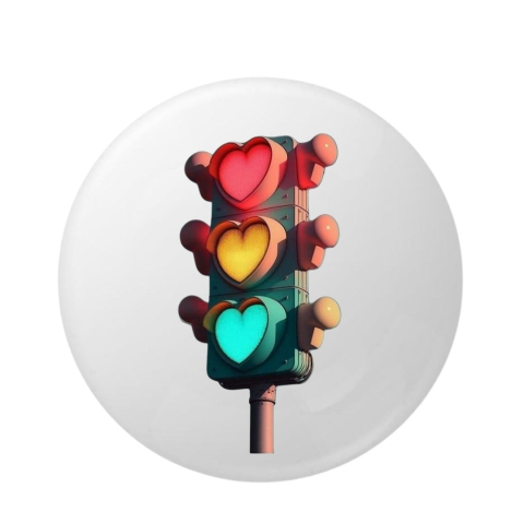 PAPETARIE & BIROTICA - Insigna metalica rotunda 58 mm, model semafor cu inimi colorate, sistem prindere ac siguranta