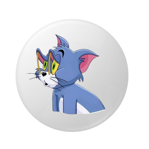PAPETARIE & BIROTICA - Insigna metalica rotunda cu ilustratie personaj animat stil pisica albastra expresiva, model grafic cartoon