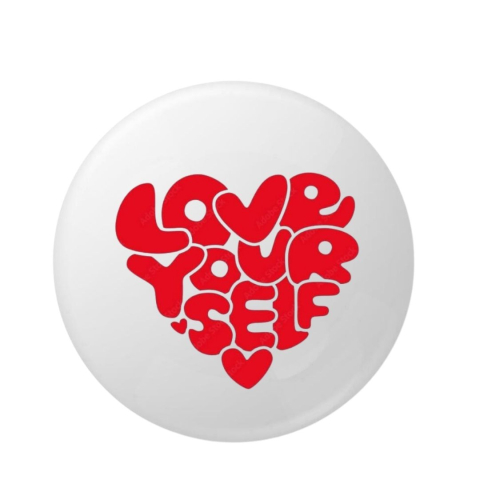 PAPETARIE & BIROTICA - Insigna metalica rotunda Love Yourself, model mesaj motivational rosu in forma de inima